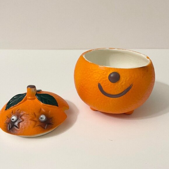 Vintage Orange Anthropomorphic Smiling Fruit Ceramic Sugar Bowl Googly Eyes - Picture 7 of 16